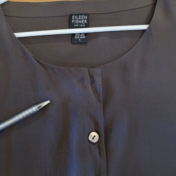 Eileen Fisher Silk L Brown Button Shirt‎ Jacket Lightweight Slits Sides - Picture 14 of 14